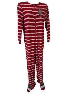 Nick & Nora Sock Monkey Fleece One Piece PJ Pajamas Red Unisex S EUC U2